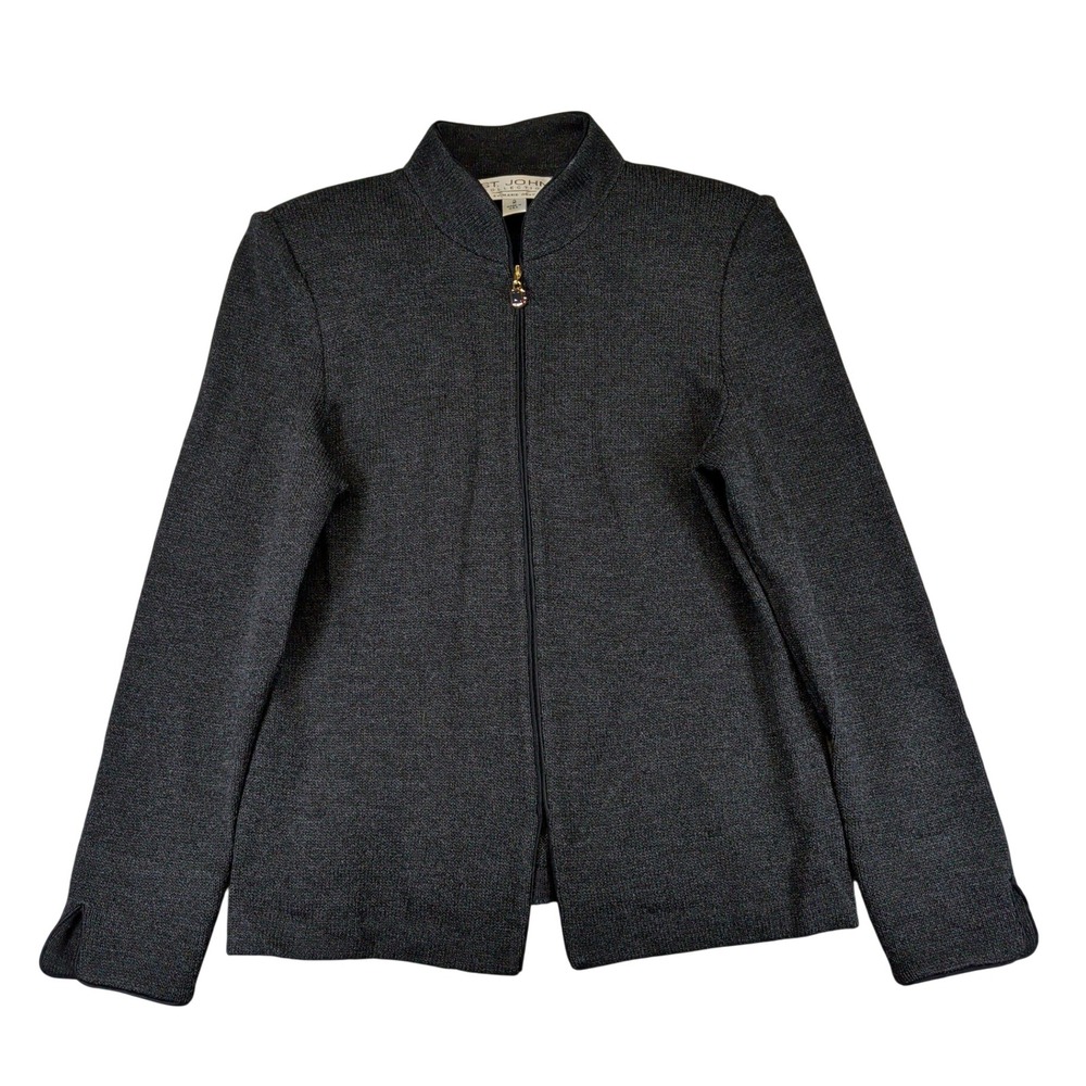 St John Collection Marie Black Santana Knit Zip Up Jacket Size 2